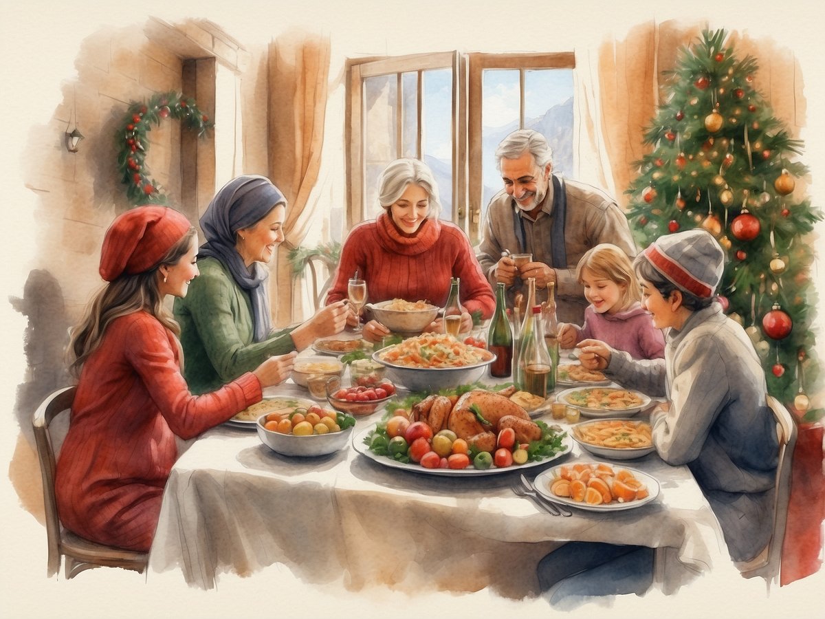 Eine Familie feiert Weihnachten in einem gemütlichen Raum, der festlich dekoriert ist. Am Tisch sind verschiedene traditionelle italienische Gerichte angerichtet, darunter ein gebratenes Geflügel und verschiedene Beilagen. Um den Tisch herum sitzen fünf Personen unterschiedlichen Alters, die fröhlich miteinander anstoßen und das Essen genießen. Im Hintergrund steht ein geschmückter Weihnachtsbaum, der die festliche Atmosphäre unterstreicht. Die Fenster zeigen eine Landschaft mit Bergen, was darauf hindeutet, dass es möglicherweise winterlich ist.