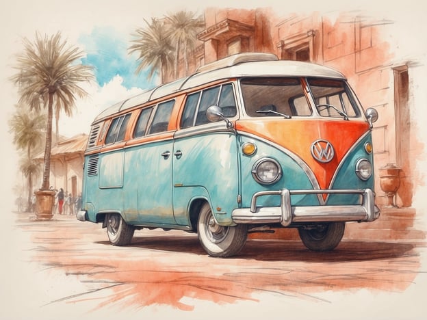 Auf dem Bild ist ein farbenfroher VW-Bus zu sehen, der in einem sonnigen, palmengesäumten Umfeld steht. Der Bus hat eine nostalgische Ausstrahlung mit einer türkisfarbenen Karosserie und einem rot-orangenän Frontbereich. Im Hintergrund sind einige Gebäude und Personen zu erkennen, die dem Bild eine lebendige Atmosphäre verleihen. Die gesamte Szene vermittelt ein Gefühl von entspannter Urlaubsstimmung.