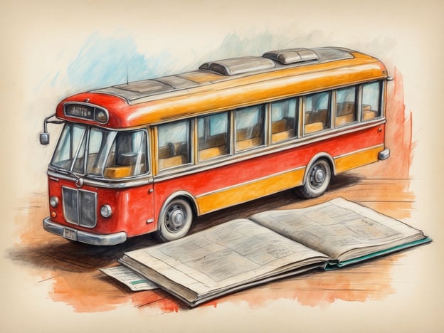 Auf dem Bild ist ein farbenfroher, retro aussehender Bus sowie ein geöffnetes Buch zu sehen. Das Bild könnte symbolisch für das Planen von Reisen und das Erstellen eines Reisebudgets stehen. Das Buch könnte Informationen über Reiseziele, Transportmöglichkeiten oder Budgettipps enthalten, während der Bus für die Reise selbst steht. Ein bewusstes Planen des Reisebudgets ist wichtig, um die Kosten im Blick zu behalten und die beste Erfahrung zu gewährleisten.