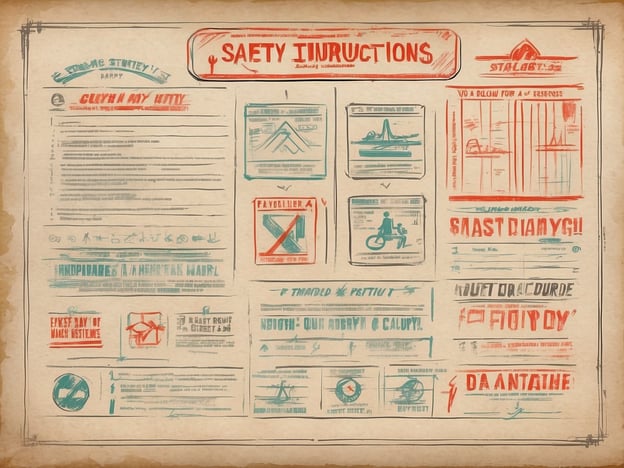 Auf dem Bild sind Sicherheitsanweisungen zu sehen. Die Anweisungen sind visuell dargestellt und enthalten verschiedene Symbole und Texte, die auf Sicherheitsvorkehrungen hinweisen. Es scheint, dass die Informationen auf eine humorvolle oder kreative Weise aufbereitet sind. Genauere Details oder spezifische Inhalte kann ich nicht geben.