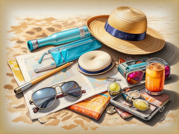 Auf dem Bild sind verschiedene Gegenstände zu sehen, die typischerweise auf einer Packliste für den Urlaub stehen könnten. Dazu gehören:

1. **Sonnenhut** – zum Schutz vor der Sonne.
2. **Sonnenbrillen** – um die Augen vor UV-Strahlen zu schützen.
3. **Wasserflasche** – um ausreichend hydriert zu bleiben.
4. **Notizbuch oder Karte** – zur Navigation und Planung.
5. **Strandtuch oder Sarong** – für den Strand oder entspannte Momente.
6. **Sonnenschutzmittel** – um die Haut zu schützen.
7. **Snacks oder Getränke** – zum Genießen während des Aufenthalts.
8. **Videokamera oder Smartphone** – um Erinnerungen festzuhalten.
9. **Schlüssel** – eventuell für die Unterkunft oder Transportmittel.

Diese Gegenstände sind wichtig für einen angenehmen und wohlorganisierten Urlaub!