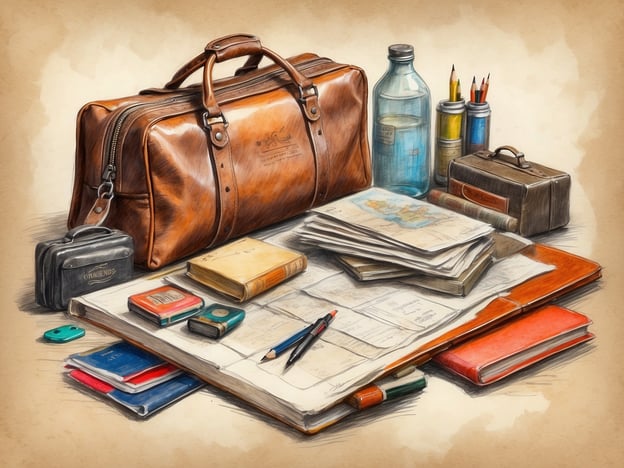 Auf dem Bild sind verschiedene Gegenstände zu sehen, die typischerweise zur Vorbereitung vor einer Reise genutzt werden. Es gibt eine elegante, braune Reisetasche, verschiedene Notizbücher, ein paar Karten, einen Wasserbehälter, Stifte in einem Behälter sowie mehrere kleine Dokumenten- oder Geldbörsen. Diese Gegenstände deuten darauf hin, dass jemand plant, eine Reise zu unternehmen und sich darauf vorbereitet, seine Unterlagen sowie persönliche Dinge zu organisieren.