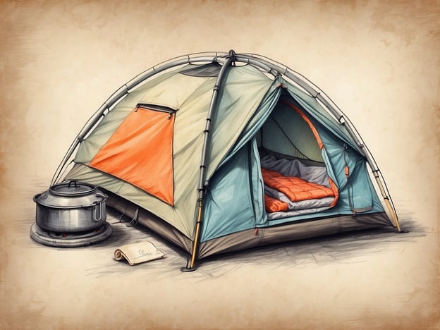 Auf dem Bild ist ein Campingzelt zu sehen, das offensichtlich für eine Übernachtung in der Natur vorbereitet ist. Es hat eine frische Farbgestaltung, mit einem orangen Zeltteil und einer offenen Eingangstür, die einen Blick auf eine gemütliche Schlafgelegenheit im Inneren gewährt. 

Neben dem Zelt steht ein Campingkocher mit einem Topf, der sich ideal zum Kochen von Mahlzeiten im Freien eignet. Ein gefaltetes Blatt Papier liegt auf dem Boden, das möglicherweise eine Art Campingschrift oder Plan enthalten könnte. Dieses Bild vermittelt eine einladende Atmosphäre für einen Campingausflug, voll mit den nötigen Camping-Essentials.