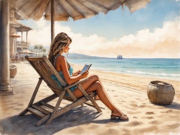 Auf dem Bild ist eine Frau zu sehen, die entspannt am Strand sitzt und ein digitales Gerät benutzt. Sie genießt ihre Freizeitgestaltung in einer ruhigen, sonnigen Umgebung mit Blick auf das Meer. Die Strandkulisse umfasst sandige Ufer, romantische Segelboote auf dem Wasser und ein schattenspendendes Sonnensegel. Diese Szenerie vermittelt ein Gefühl von Entspannung und Urlaubsatmosphäre.