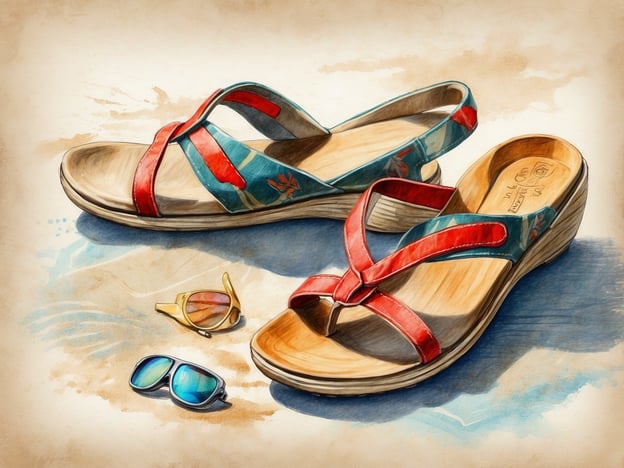 Auf dem Bild sind ein Paar Sandalen mit einem Holzfußbett zu sehen. Die Sandalen haben bunte Riemen in Rot und Blau, die mit einem floralen Muster verziert sind. Neben den Sandalen liegen zwei Paar Sonnenbrillen in verschiedenen Farbtönen, eine mit braunen und eine mit blauen Gläsern. Das Gesamtbild vermittelt eine entspannte, sommerliche Atmosphäre.