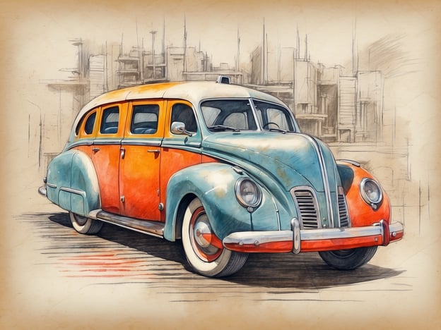 Auf dem Bild ist ein klassisches Auto zu sehen, das in einem stilisierten, handgezeichneten Look dargestellt ist. Es hat eine auffällige Farbgebung in Blau und Orange und erinnert an Automobile aus der Mitte des 20. Jahrhunderts. Die Kulisse im Hintergrund scheint eine städtische Umgebung zu sein, möglicherweise mit mehreren Gebäuden. 

In der Welt der Elektronik und Unterhaltung könnte dieses Auto eine Verbindung zu Retro-Designs oder Vintage-Ästhetik haben, die oft in Filmen, Videospielen oder sogar bei Automobilshows gefeiert wird. Es weckt Erinnerungen an eine Zeit, in der Autos nicht nur Transportmittel, sondern auch Symbole für Stil und Innovativität waren.