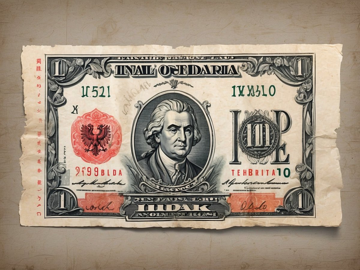 Auf dem Bild ist eine alte Banknote aus Albanien zu sehen. Die Vorderseite zeigt ein Porträt eines Mannes sowie verschiedene kunstvolle Verzierungen und Symbole, darunter ein roter Adler. Die Schriftzüge sind in mehreren Sprachen verfasst, und die Banknote trägt die Bezeichnung "FINAL OF DARIA". Sie ist erheblich abgenutzt und hat sichtbare Gebrauchsspuren. Die Währung, die Albanien verwendet, ist der Lek.