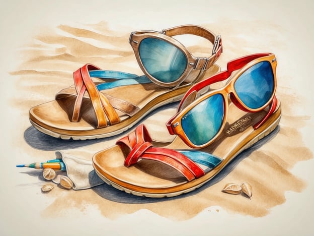 Auf dem Bild sind ein paar Sandalen und eine Sonnenbrille zu sehen. Die Sandalen sind braun mit bunten Riemen in Rot und Blau. Daneben liegt eine zweite Sonnenbrille, die ebenfalls orange und blau ist. Der Hintergrund sieht aus wie Sand, was darauf hindeutet, dass die Szene möglicherweise an einem Strand spielt.