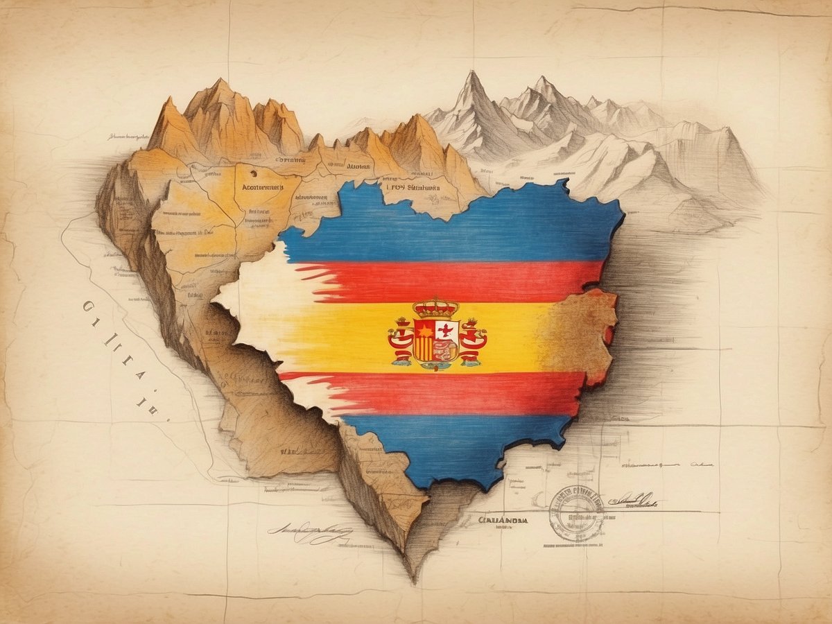 Auf dem Bild ist eine künstlerische Darstellung einer Karte, die die konturenhafte Form von Andorra zeigt. In der Mitte der Karte ist die Flagge Spaniens abgebildet, die aus horizontalen roten und gelben Streifen sowie einem Wappen besteht. Im Hintergrund sind alpine Landschaften mit Bergen und weiteren geografischen Details skizziert. Das Bild vermittelt einen historischen und kulturellen Bezug zu Andorra, dessen offizielle Sprache Katalanisch ist.