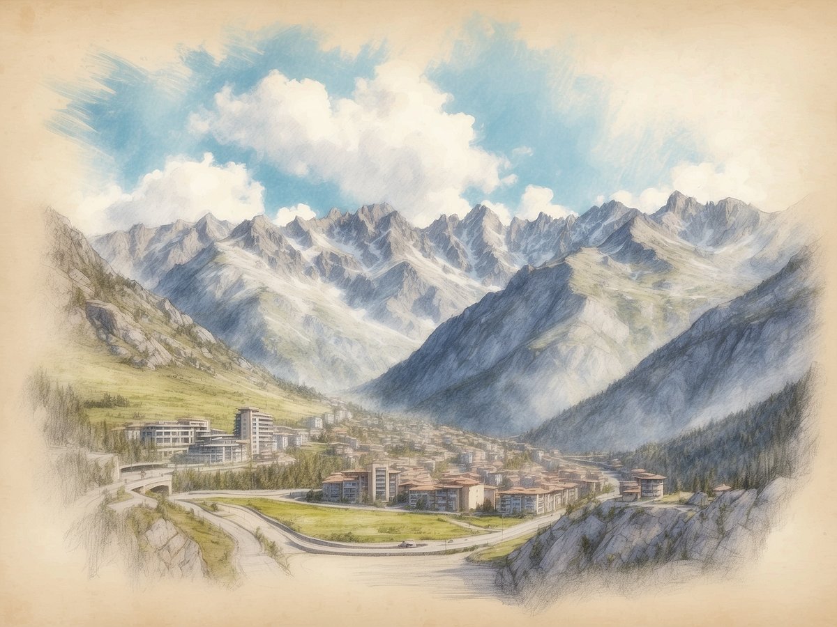 Eine beeindruckende Berglandschaft mit majestätischen Bergen, die von einem klaren blauen Himmel mit einigen Wolken überzogen sind. Im Vordergrund erstreckt sich ein Tal mit modernen Gebäuden, die harmonisch in die natürliche Umgebung integriert sind. Eine Straße schlängelt sich durch die Landschaft, während das Tal von üppigem Grün und Baumgruppen gesäumt wird. Insgesamt vermittelt das Bild eine friedliche und malerische Atmosphäre. Wie viele Einwohner hat Andorra?