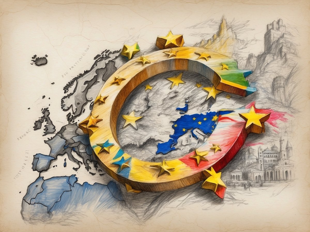 Das Bild zeigt eine künstlerische Darstellung eines stilisierten Eurozeichens, das von goldenen Sternen umgeben ist. Im Hintergrund ist eine Konturkarte von Europa leicht skizziert, die verschiedene Länder hervorhebt. Einige Farbflächen, die die Flaggen der europäischen Länder repräsentieren, sind im Eurozeichen integriert. Andorra, ein kleines Land in den Pyrenäen, hat den Euro als offizielle Währung, auch wenn es nicht Mitglied der Europäischen Union ist.