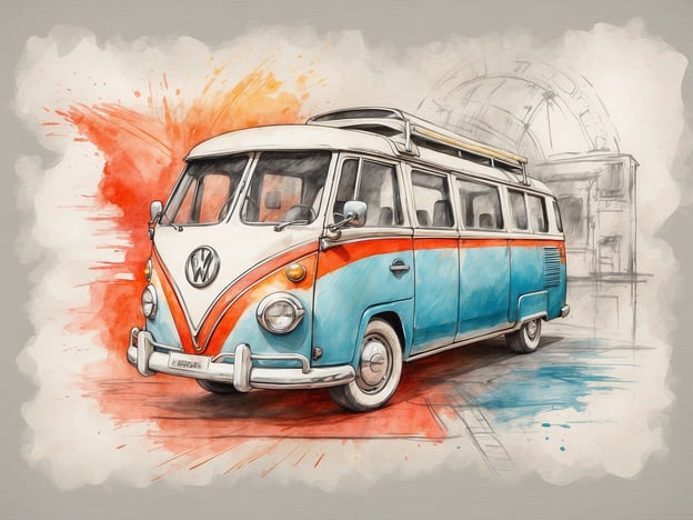 Auf dem Bild ist ein Volkswagen-Bus zu sehen, der in einer kreativen, künstlerischen Darstellung präsentiert wird. Die Farben Blau und Weiß sowie ein roter Akzent verleihen dem Fahrzeug einen nostalgischen Charme. Sicherheitsaspekte im Straßenverkehr sind wichtig, daher sollte man darauf achten, dass der Bus in gutem Zustand ist und regelmäßig gewartet wird, um die Gesundheit der Insassen zu gewährleisten.