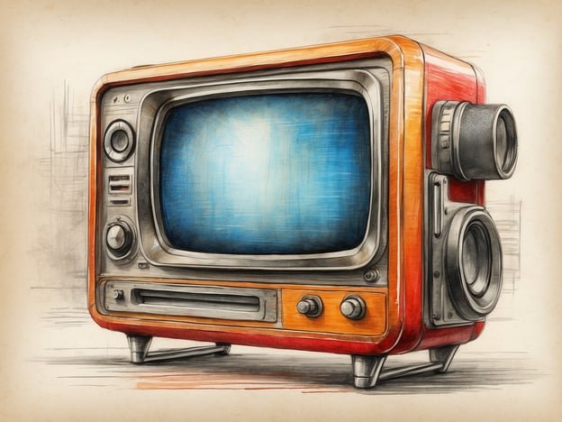 Auf dem Bild ist ein Retro-Fernseher zu sehen, der ein klassisches Design aufweist. Die Farben sind lebhaft, mit einem orangefarbenen und holzfarbenen Gehäuse. Der Bildschirm ist leuchtend blau und unbeschaltet, was darauf hinweist, dass der Fernseher aktuell aus ist. Solche Geräte sind Symbole der Unterhaltungstechnik vergangener Jahrzehnte und wecken Nostalgie, da sie oft mit der Ära der ersten Fernsehempfänger verbunden sind. Fernseher dieser Art waren damals zentrale Elemente im Wohnzimmer, die Menschen zusammenbrachten, um Filme, Nachrichten und Serien zu genießen.