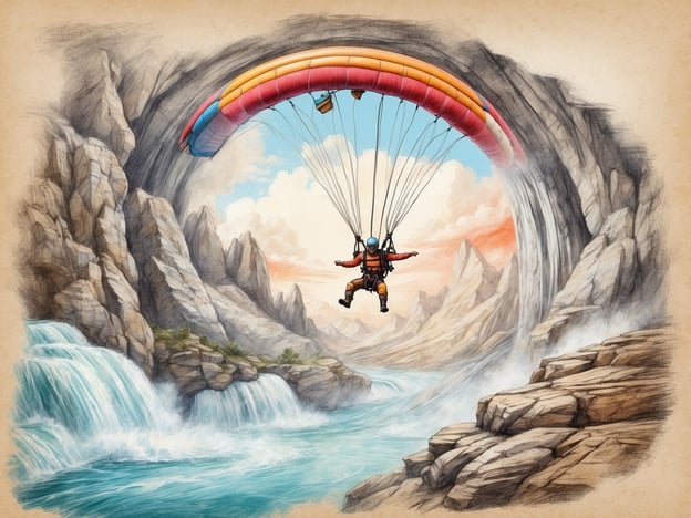 Auf dem Bild ist ein Paraglider zu sehen, der majestätisch über eine beeindruckende Naturlandschaft schwebt. Die Szenerie zeigt steile Felsen, Wasserfälle und einen klaren blauen Himmel. 

Für abenteuerlustige Aktivitäten könnte man sagen:

1. **Paragliding**: Diese Aktivität bietet einen wunderbaren Blick auf die Landschaft und das Gefühl von Freiheit in der Luft.
2. **Canyoning**: Entdecken Sie die Schluchten, während Sie schwimmen, springen und klettern.
3. **Wanderungen in der Natur**: Erforschen Sie die beeindruckenden Berglandschaften zu Fuß.
4. **Klettern**: Die steilen Felsen bieten großartige Möglichkeiten für Kletterer aller Erfahrungslevel.
5. **Wassersport**: Kajakfahren oder Rafting in den nahegelegenen Gewässern könnte ein aufregender Spaß sein. 

Diese Aktivitäten versprechen einen aufregenden Adrenalinkick in einer schönen Umgebung!