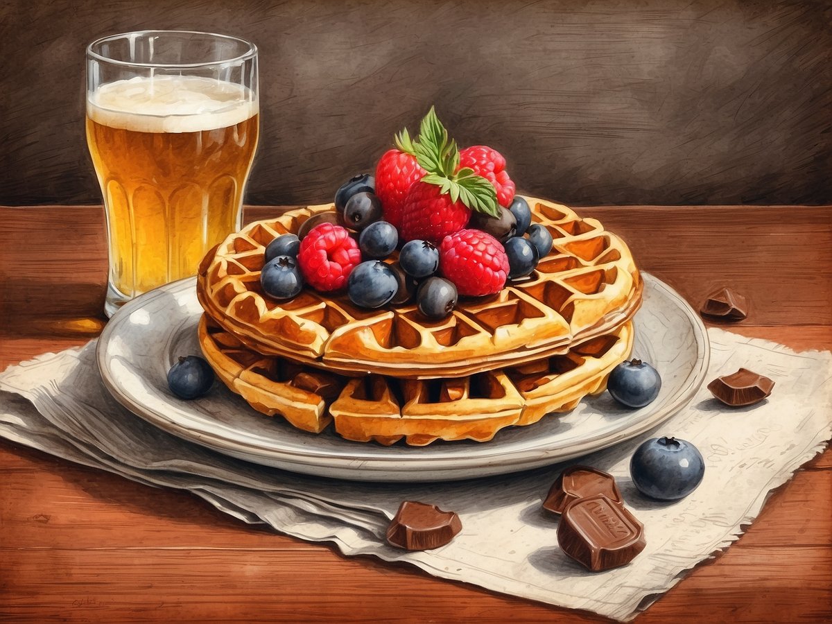 Auf dem Bild sind zwei goldbraun gebackene belgische Waffeln, üppig belegt mit frischen Himbeeren und Heidelbeeren, zu sehen. Daneben steht ein Glas Bier, das typisch für belgische Küche ist. Die Waffeln liegen auf einem weißen Teller und sind auf einer braunen Holzoberfläche platziert, umgeben von einigen Schokoladenstückchen. Diese Darstellung spiegelt die beliebten kulinarischen Genüsse Belgiens wider.