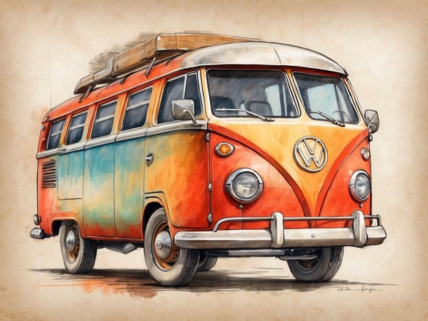 Auf dem Bild ist ein klassischer VW-Bus zu sehen, der in leuchtenden Farben – Orange und Blau – lackiert ist. Das Fahrzeug hat eine charakteristische Form mit runden Scheinwerfern und einer großen Frontscheibe. Es strahlt einen nostalgischen Charme aus und erinnert an Reisen und Abenteuer in der Natur, ähnlich wie die Naturwunder von Maio, die für ihre atemberaubenden Landschaften und unberührte Schönheit bekannt sind.