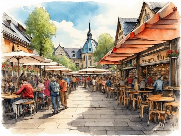 Auf dem Bild ist der Biergarten am Viktualienmarkt zu sehen. Es zeigt eine belebte Atmosphäre mit mehreren Tischen und Sonnenschirmen, unter denen Menschen sitzen und ihre Zeit genießen. Die Szenerie ist von Bäumen umgeben, und im Hintergrund taucht eine markante Architektur auf, die typisch für die Umgebung des Viktualienmarkts in München ist. Die gezeichnete Darstellung vermittelt ein Gefühl von Geselligkeit und Lebensfreude.