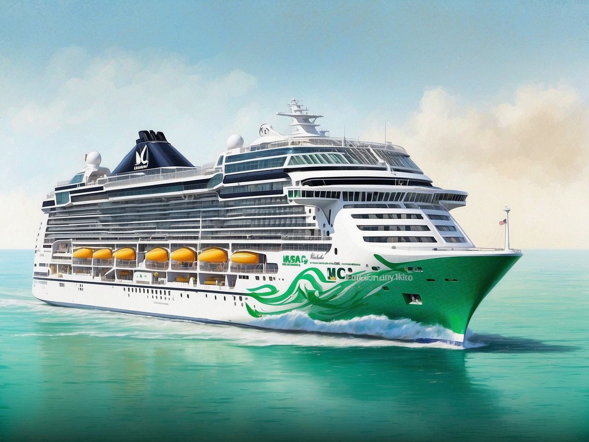 Ein modernes Kreuzfahrtschiff mit der Bezeichnung MSC Euribia fährt durch blaugrünes Wasser. Das Schiff hat eine auffällige grüne und weiße Farbgebung, wobei grüne Wellenmuster an der Seite zu sehen sind. Auf dem oberen Deck sind zahlreiche Fenster und Sonnendecks sichtbar, während die gelben Rettungsboote gleichmäßig am Schiff angebracht sind. Im Hintergrund ist ein klarer Himmel mit wenigen Wolken zu erkennen, der eine ruhige und entspannte Atmosphäre vermittelt.