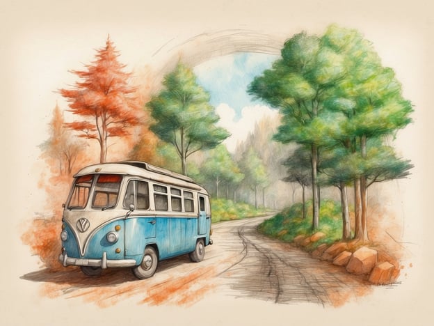 Auf dem Bild ist ein nostalgischer, blauer VW-Bus zu sehen, der auf einem malerischen, von Bäumen gesäumten Weg fährt. Die Umgebung ist in sanften Farben gehalten, die die Schönheit der Natur unterstreichen. Dieses Bild symbolisiert die Idee von nachhaltigem Reisen und Umweltschutz. Der VW-Bus steht für eine Reiseweise, die oft mit Abenteuerlust und einem bewussten Umgang mit der Natur assoziiert wird. 

Das Vorhandensein von Bäumen und einer natürlichen Landschaft erinnert uns daran, wie wichtig es ist, unsere Umwelt zu respektieren und zu schützen. Nachhaltige Mobilität, wie die Verwendung von Fahrrädern oder elektrisch betriebenen Fahrzeugen, kann dazu beitragen, die Natur zu bewahren und die CO₂-Emissionen zu reduzieren. Solche Bilder inspirieren dazu, die Schönheit der Natur zu genießen und gleichzeitig Verantwortung für ihren Schutz zu übernehmen.