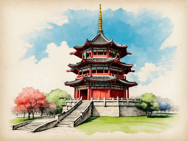 Auf dem Bild ist ein traditioneller chinesischer Turm zu sehen, der in der Architektur des Chinesischen Turms inspiriert ist. Der Chinesische Turm, ein bekanntes Gebäude im Englischen Garten in München, wurde ursprünglich im 18. Jahrhundert erbaut und spiegelt die fernöstliche Architektur wider, die in Europa sehr geschätzt wurde. 

Mit seinen auffälligen roten Wänden, den geschwungenen Dächern und dem goldenen Dachreiter strahlt der Turm eine exotische Eleganz aus. Umgeben von blühenden Bäumen und einer gepflegten Gartenlandschaft, lädt dieser Ort zu einem Spaziergang und zur Besinnung ein, ähnlich wie der Chinesische Turm, der ein beliebter Treffpunkt für Besucher ist. Solche Türme stellen oft auch ein kulturelles Symbol dar, das die Verbindung zwischen Natur, Kunst und Tradition würdigt.