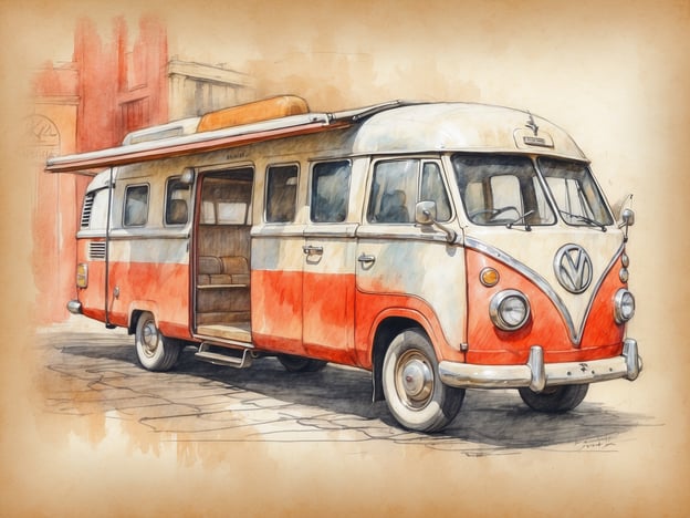 Auf dem Bild ist ein nostalgischer, klassischer Volkswagen-Bus zu sehen, der in einem ansprechenden Orange und Weiß gestaltet ist. Er steht auf einem gepflasterten Weg und hat eine offene Tür, was einladend wirkt. Die Darstellung erinnert an Reisen und Abenteuer, ideal für das Entdecken von neuen Orten.

**Die maledivische Gastfreundschaft erleben** könnte in einem solchen Fahrzeug besonders charmant sein, da man mit ihm auch abgelegene Strände und ruhige Buchten erkunden kann, während man die lokale Kultur und die Herzlichkeit der Menschen hautnah erlebt.