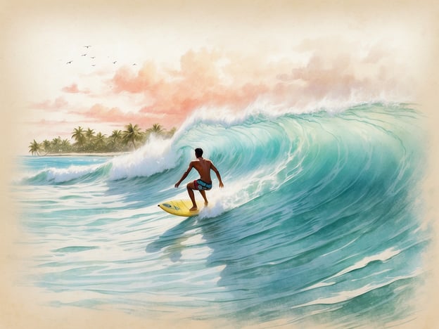 Auf dem Bild ist ein Surfer zu sehen, der eine große Welle reitet. Die Umgebung vermittelt eine tropische Atmosphäre mit Palmen im Hintergrund und einem wunderschönen Himmel, der mit sanften Farben gefärbt ist. Diese Szene könnte gut zum Surfen in Thulusdhoo passen, das für seine fantastischen Wellen und malerischen Strände bekannt ist.