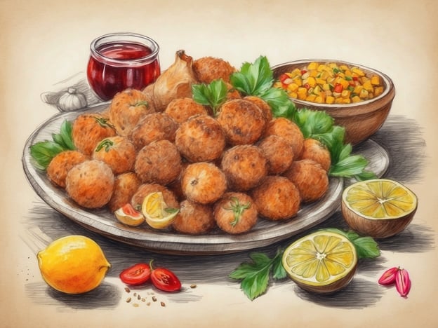 Auf dem Bild sind verschiedene lokale Spezialitäten von Gulhi zu sehen. Die Hauptspeise besteht aus frittierten runden Bällchen, die knusprig aussehen. Diese könnten eine Art von Fischbällchen oder Vegetarischem Snacks sein. Dazu gibt es eine Wohlschmeckende Beilage aus frischem Gemüse sowie einige Zitronen, die zur Verfeinerung der Speisen genutzt werden können. Der rote Dip dürfte eine Chilisauce oder eine Art süße Soße sein, die sehr beliebt in der maledivischen Küche ist.