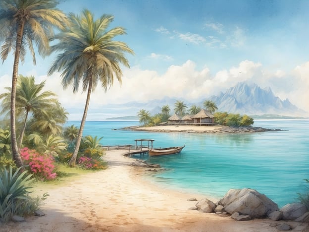 Auf dem Bild ist eine traumhafte Landschaft zu sehen, die die Schönheit der Insel Huraa widerspiegelt. Die Szene zeigt einen hellen Sandstrand, umgeben von hohen Palmen und bunten Blumen. Im kristallklaren Wasser ankert ein einfaches Boot, und im Hintergrund sind kleine Hütten zu sehen, die harmonisch in die tropische Umgebung eingebettet sind. Sanfte Berge scheinen in der Ferne, während der strahlend blaue Himmel zur perfekten Urlaubsatmosphäre beiträgt.