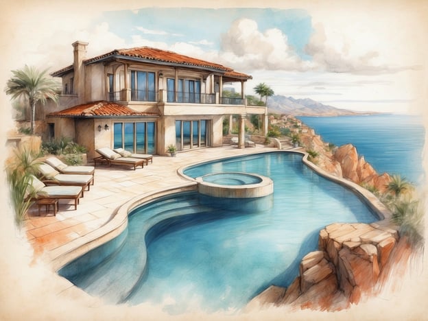 Auf dem Bild ist eine elegante Villa zu sehen, die sich an einer Küste befindet. Diese Unterkunft bietet große Fenster mit Blick auf das Meer und die umliegenden Berge. 

Vor der Villa befindet sich ein ansprechender Swimmingpool, der einen schönen Welleneffekt hat, sowie ein Whirlpool, der ideal zum Entspannen ist. Rund um den Pool sind Liegen aufgestellt, die zum Sonnenbaden einladen. 

Die Umgebung ist mit Palmen und anderen Pflanzen gestaltet, was eine entspannte, tropische Atmosphäre schafft. Diese Annehmlichkeiten machen die Villa zu einem perfekten Ort für einen luxuriösen Urlaub.