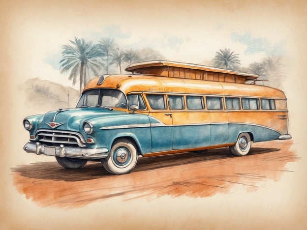 Auf dem Bild ist ein farbenfroher Vintage-Bus zu sehen, der in einem schönen Design gestaltet ist. Er hat eine orangefarbene Oberseite und eine türkisfarbene Unterseite, was ihm ein freundliches und einladendes Aussehen verleiht. Umgeben von Palmen in einer warmen Umgebung, weckt das Bild nostalgische Gefühle und vermittelt ein Gefühl von Reisen und Abenteuer.

In Bezug auf Service und Gastfreundschaft könnte dieser Bus als Symbol für Reisen gedacht sein, bei dem die Gäste bequem transportiert werden, während sie neue Orte erkunden. Die ansprechende Gestaltung des Busses lädt dazu ein, einzusteigen, um unvergessliche Erlebnisse zu sammeln.