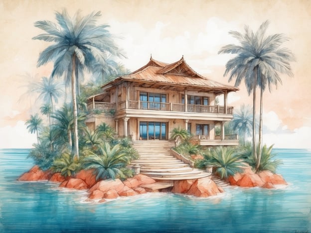 Auf dem Bild ist ein wunderschönes, tropisches Haus zu sehen, das auf einer kleinen Insel umgeben von klarem Wasser und üppiger Vegetation steht. Die Architektur des Hauses hat einen traditionellen, asiatischen Einfluss und es gibt viele Palmen und Pflanzen, die die Umgebung dekorieren.

In Bezug auf die Malediven ist die „Gan“ eine der größeren und bewohnten Inseln, die zur Addu Atoll-Gruppe gehört. Gan ist bekannt für ihre natürliche Schönheit, ihre Strände und die Vielfalt an Aktivitäten, die dort angeboten werden, einschließlich Wassersport und Erholung. Die Insel hat auch historische Stätten und bietet einen Einblick in das lokale Leben und die Kultur der Malediven.