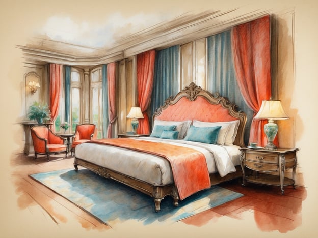 Auf dem Bild ist ein elegantes Schlafzimmer zu sehen, das luxuriös und einladend gestaltet ist. Die Wände sind mit sanften Farben dekoriert, und der große, opulente Bett mit zarten Kissen lädt zum Entspannen ein. Neben dem Bett befinden sich stilvolle Nachttische mit Tischlampen. In der Ecke des Raumes stehen gemütliche Sessel, die einen perfekten Platz zum Lesen oder Entspannen bieten. Große Fenster mit Vorhängen sorgen für viel Licht und bieten einen schönen Blick nach draußen. Diese Einrichtung eignet sich hervorragend für luxuriöse Unterkünfte für die ganze Familie.