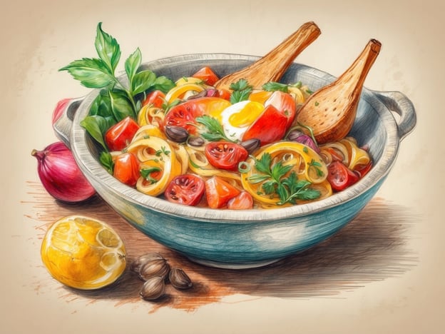 Auf dem Bild ist eine leckere Schüssel Pasta zu sehen, die mit frischem Gemüse wie Tomaten, Zwiebeln und Kräutern garniert ist. Ein gekochtes Ei rundet das Gericht ab, während ein paar Zitronenschnitze und Nüsse daneben liegen. Die kulinarische Vielfalt genießen!