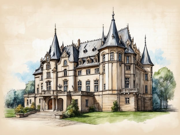 Auf dem Bild ist ein eindrucksvolles Schloss zu sehen, das durch eine beeindruckende Architektur und elegantes Design besticht. Das Schloss weist eine Mischung aus neogotischen und barocken Stilelementen auf, erkennbar an den spitzen Turmspitzen und dem reich verzierten Fassadenbau.

Die Verwendung von hellem Sandstein und großen Fenstern verleiht dem Gebäude eine freundliche Atmosphäre, während die symmetrische Anordnung und die kunstvollen Details, wie die balustrade und die Verzierungen an den Fassaden, die Handwerkskunst der damaligen Zeit unterstreichen. Der Hauptzugang ist durch eine imposante Treppe betont, die in einen geräumigen Eingangsbereich führt. 

Um das Schloss herum erstreckt sich eine gepflegte Parklandschaft, die dem gesamten Ensemble einen majestätischen Rahmen verleiht. Die harmonische Verbindung von Natur und Architektur schafft eine einladende und zugleich beeindruckende Atmosphäre.