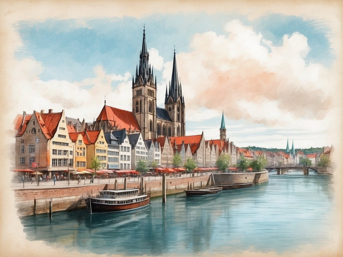 Eine malerische Ansicht einer Stadt an einem Wasserweg, wo farbenfrohe historische Gebäude mit roten und gelben Dächern entlang der Uferlinie stehen. Im Hintergrund ragt eine hohe Kirche mit markanten Spitztürmen in den Himmel. Im Wasser sind mehrere Boote zu sehen, während am Ufer Menschen und Terrassen vorhanden sind, die eine lebendige Atmosphäre erzeugen. Der Himmel ist klar mit einigen Wolken und die Landschaft im Hintergrund ist sanft und hügelig. Diese Szene vermittelt ein Gefühl von traditioneller hanseatischer Architektur und Kultur. Wie viele Hansestädte gibt es in Deutschland?