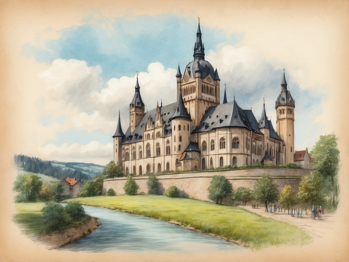 Ein majestätisches Schloss mit mehreren Türmen und Spitzen, das auf einem Hügel steht. Es wird von einer malerischen Landschaft umgeben, die sanfte Hügel und Bäume umfasst. Vor dem Schloss fließt ein ruhiger Fluss, und am Ufer sind Spaziergänger und Reiter zu sehen. Der Himmel ist klar mit einigen Wolken, die das Bild freundlich und einladend erscheinen lassen. Wie viel Bundesländer gibt es in Deutschland.