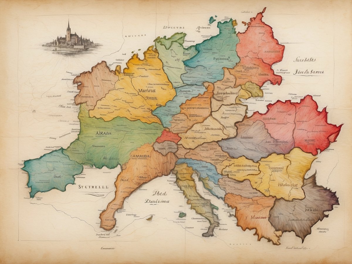 Das Bild zeigt eine historische Karte von Deutschland und angrenzenden Regionen, die in verschiedene geografische Bereiche in unterschiedlichen Farben unterteilt ist. Im oberen Teil der Karte ist ein Schloss abgebildet. Die Karte enthält auch verschiedene Ortsnamen und würde als anschauliche Darstellung regionaler Dialekte oder kultureller Unterschiede dienen.