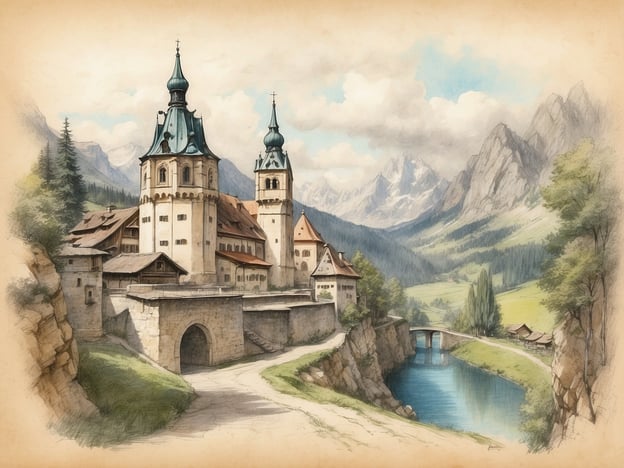 Auf dem Bild ist eine malerische Landschaft mit einem beeindruckenden, historisch wirkenden Bauwerk zu sehen. Die Architektur erinnert an bayerische Schlösser oder Klöster, die häufig im alpinen Raum entstanden. Solche Gebäude sind oft von einer fantastischen Naturkulisse umgeben, wie in diesem Fall mit Bergen und einem ruhigen Fluss im Vordergrund.

In der Geschichte Bayerns sind viele solcher Orte wichtig, da sie nicht nur touristische Anziehungspunkte sind, sondern auch kulturelle und historische Bedeutung tragen. Sie spiegeln die handwerklichen Fähigkeiten und die Bautraditionen vergangener Zeiten wider und erzählen von der Geschichte des Glaubens, der Macht und der Kunst in Bayern. Diese Art von Architektur lädt dazu ein, die verborgenen Geschichten dieser Region zu erforschen, die eng mit ihrer Identität verbunden sind.