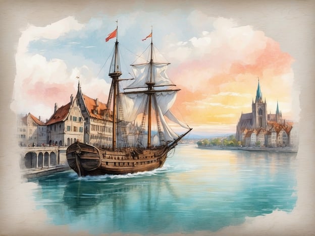 Auf dem Bild ist ein malerisches Hafenbild zu sehen, das eine alte Segelschiff zeigt, das sanft über das Wasser fährt. Im Hintergrund erkennt man eine charmante Stadt mit historischen Gebäuden und einer Kirche mit hohen Türmen. Die sanften Farben des Sonnenuntergangs verleihen der Szenerie eine nostalgische Atmosphäre, die an die Zeit der Hansestädte erinnert. Solche Ansichten manifestieren die versteckten Schätze der Hansestadt, die durch ihre maritime Geschichte und Architektur geprägt sind.