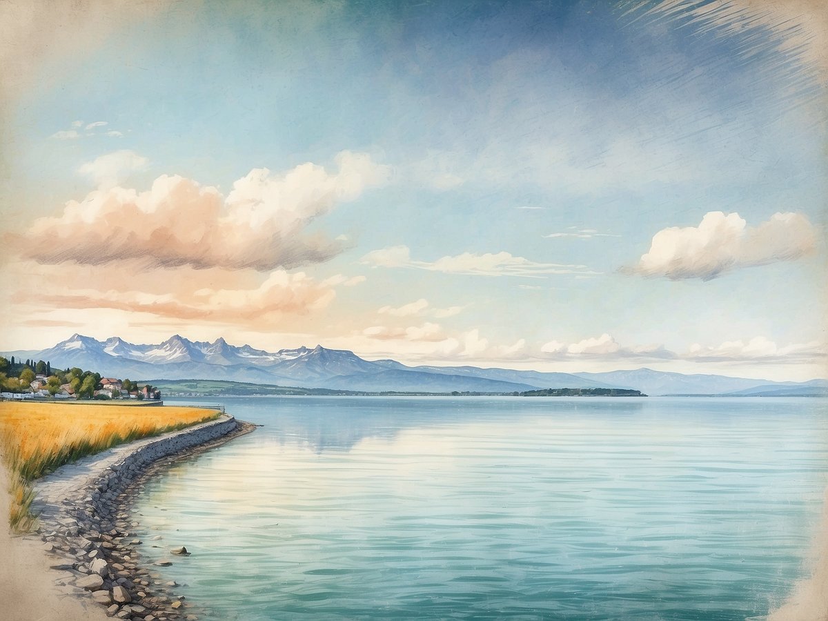 Eine malerische Landschaft mit einem ruhigen See im Vordergrund, umgeben von sanften Hügeln und hohen Bergen im Hintergrund. Der Himmel ist klar mit einigen leichten Wolken und einem sanften Farbverlauf, der von Blau zu warmen Tönen übergeht. Am Ufer entlang führt ein geschwungener Weg, der von Steinen und Gras gesäumt ist. Im Hintergrund sind einige Häuser zu sehen, umgeben von Bäumen, die sich in die natürliche Umgebung einfügen. Diese Szene erinnert an den Bodensee, den größten See in Deutschland.