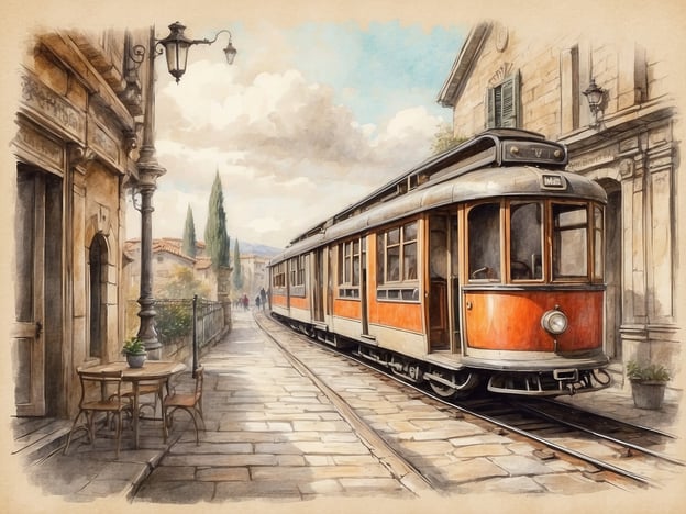 Auf dem Bild ist eine nostalgische Straßenbahn zu sehen, die auf einem befestigten Weg fährt. Die Straßenbahn hat ein oranges Design und einen glänzenden, metallischen Look. Umgeben ist sie von einer malerischen, historischen Stadtlandschaft mit schönen Gebäuden, Straßenlaternen und einem gepflasterten Gehweg. Links im Bild befinden sich ein Tisch und ein Stuhl, die für eine einladende Atmosphäre sorgen. Die Szenerie könnte aus der Vergangenheit stammen und erweckt den Eindruck von Gemütlichkeit und Idylle.