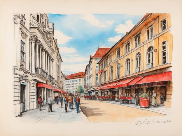 Auf dem Bild ist eine farbenfrohe Aquarellzeichnung zu sehen, die eine Straßenansicht in einer städtischen Umgebung darstellt. Die Szenerie zeigt eine belebte Straße mit Cafés und Restaurants, die über rote Sonnenschirme verfügen. Menschen spazieren entlang der Gebäudefronten, die eine Mischung aus historischer und moderner Architektur zeigen. Die Atmosphäre wirkt lebendig und einladend, mit einem schönen blauen Himmel, der das Stadtbild ergänzt. Solche Darstellungen könnten Teil der Sammlungen des Münchner Stadtmuseums sein, welches die Kultur und Geschichte der Stadt dokumentiert und visuelle Arbeiten zur Stadtansicht präsentiert.