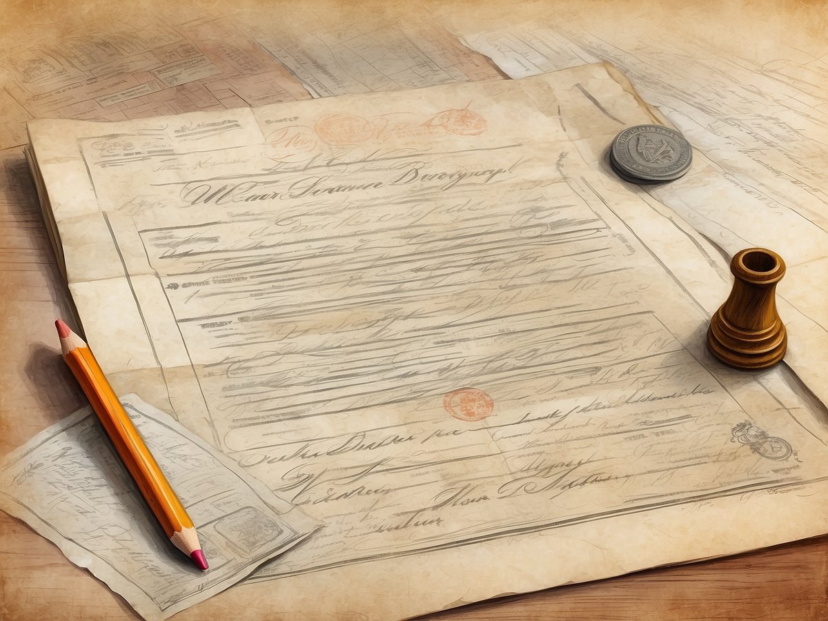 Auf dem Bild sind mehrere alte Dokumente und eine Sammlung von Schreibmaterialien zu sehen. Zu den Dokumenten zählen eine geheftete Urkunde, ein abgestempeltes Papier und eine kleine Notiz, die teilweise verwittert und handschriftlich beschriftet sind. Neben den Dokumenten liegt ein orangefarbener Bleistift und ein farbiger Wachsstempel. Die Atmosphäre wirkt historisch und vermittelt den Eindruck von formellen, wichtigen Unterlagen, die für den Heiratsprozess in Deutschland benötigt werden könnten.
