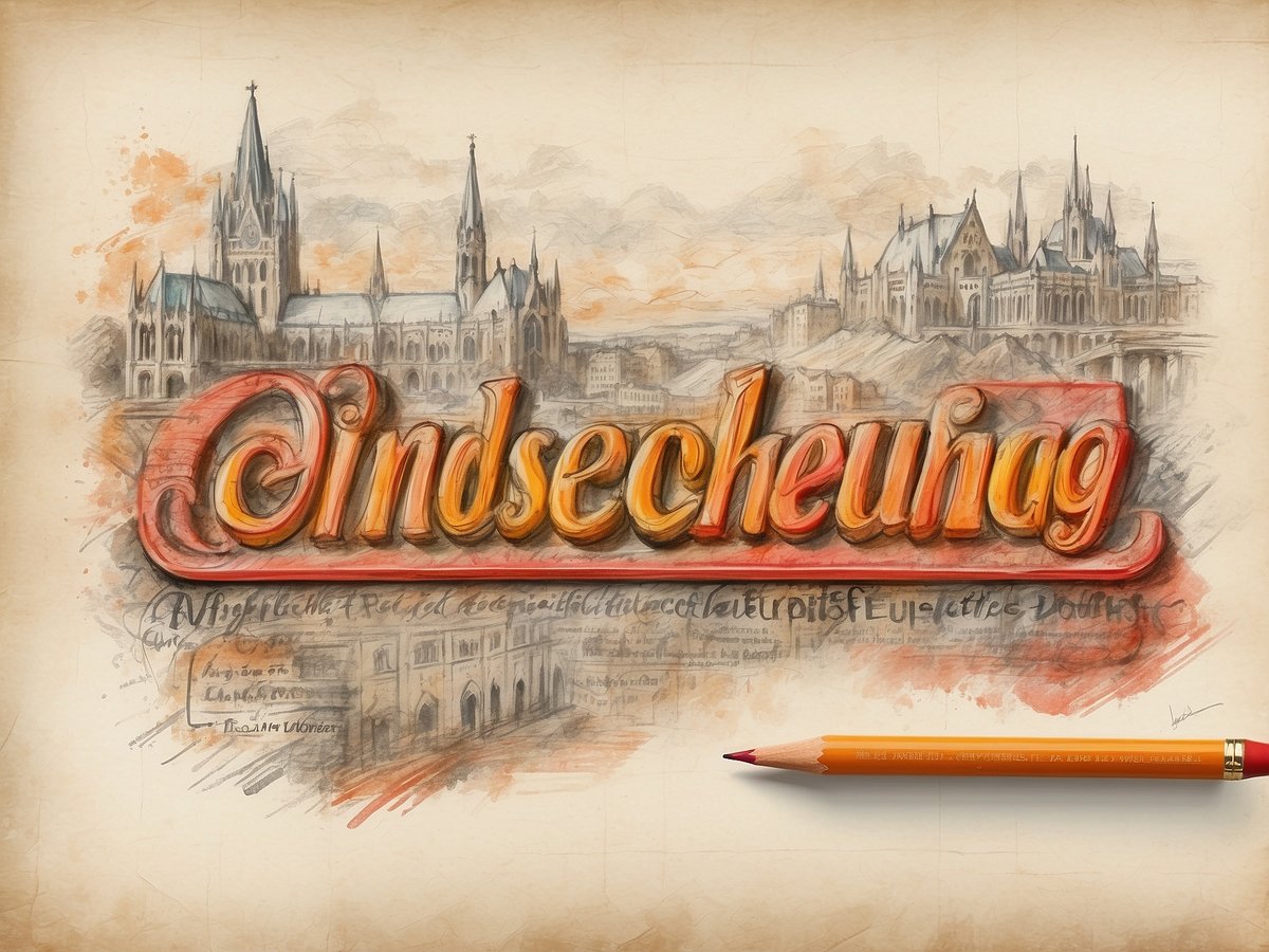 Auf dem Bild ist eine künstlerische Darstellung zu sehen, die den Schriftzug "Einsseitscheinigung" prominent hervorhebt. Im Hintergrund sind skizzierte, historische Gebäude und Türme zu erkennen, die eine architektonische Kulisse bilden. Die Farben sind sanft gehalten, mit erdigen Tönen und einer leichten Verwaschenheit. Am unteren Rand des Bildes liegt ein orangefarbener Buntstift, der den künstlerischen Charakter unterstreicht. In der Umgebung sind handschriftliche Notizen und technische Zeichnungen zu erkennen, die das Gesamtbild beeinflussen und dem Werk eine narrative Tiefe verleihen.