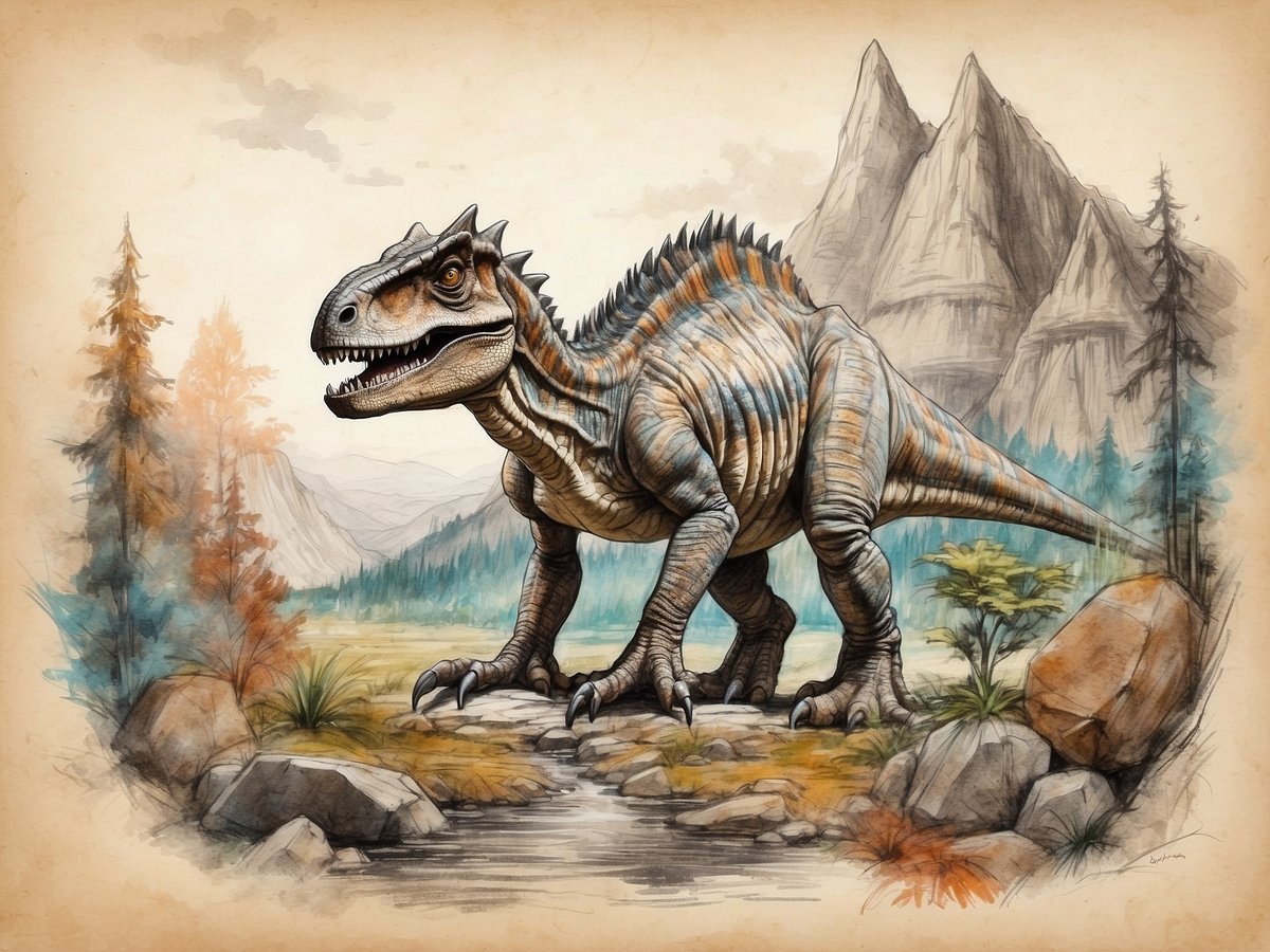 Ein Dinosaurier steht in einer malerischen Landschaft mit Bergen im Hintergrund. Der Dinosaurier hat eine kräftige Statur, kurze Vorderbeine und eine ausgeprägte Schnauze. Sein Körper ist mit orangefarbenen und blauen Streifen verziert. Um ihn herum gibt es zahlreiche Bäume und Pflanzen, die die natürliche Umgebung beleben. Diese Art von Dinosaurier könnte mit Fossilien in Deutschland in Verbindung stehen, wie etwa dem Plateosaurus oder dem Compsognathus, die beide in urzeitlichen Lebensräumen lebten.