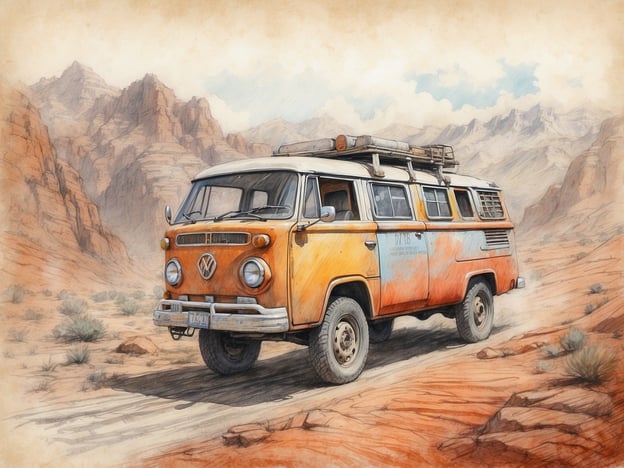 Auf dem Bild ist ein orangefarbenes Volkswagen Bulli (VW-Bus) in einer wüstenartigen Landschaft mit hohen Felsformationen zu sehen. Die Szene vermittelt ein Gefühl von Abenteuer und Freiheit, das oft mit dem Camping oder Reisen in solch einem Fahrzeug verbunden ist.

Bei der Erkundung dieser Umgebung können verschiedene Risiken und Herausforderungen auftreten. Dazu gehören:

1. **Geländeschwierigkeiten**: Die unebene und möglicherweise gefährliche Terrain kann zu Schwierigkeiten beim Fahren führen, insbesondere ohne die richtige Ausrüstung.

2. **Wetterbedingungen**: Extreme Temperaturen oder plötzliche Wetteränderungen können sowohl die Fahrzeugleistung als auch die persönliche Sicherheit beeinträchtigen.

3. **Isolation**: Abgelegene Gebiete bieten oft wenig Hilfe im Notfall, was eine sorgfältige Planung und Vorratshaltung erfordert.

4. **Erschöpfung und Gesundheit**: Lange Reisen können körperlich und geistig herausfordernd sein, insbesondere wenn man sich in der Natur aufhält.

Diese Aspekte müssen berücksichtigt werden, um sicher und erfolgreich zu erkunden.