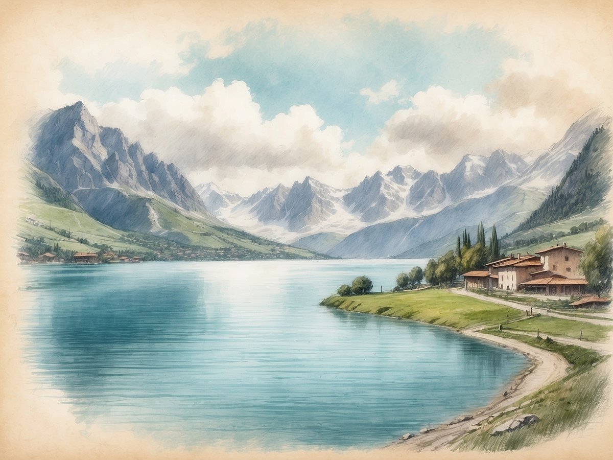 Eine idyllische Landschaft am Ufer eines klaren Sees, umgeben von majestätischen Bergen. Das Wasser spiegelt die umliegenden Berge und den Himmel wider, während sanfte Hügel und dicht bewachsene Uferbereiche das Bild sanft abrunden. Am Ufer stehen mehrere Gebäude, die die ländliche Schönheit der Umgebung unterstreichen. Diese malerische Szene vermittelt ein Gefühl von Ruhe und Naturverbundenheit. Der Lago Maggiore hat eine Fläche von etwa 212 Quadratkilometern.