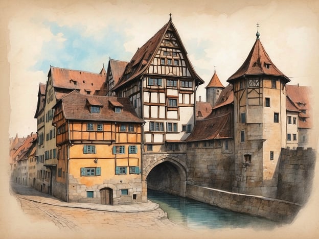 Das Bild zeigt eine malerische Szene aus Nürnberg, in der historische Fachwerkhäuser und eine steinerne Brücke zu sehen sind, die über einen Kanal führt. Diese Architektur ist typisch für die Altstadt Nürnbergs, die für ihre gut erhaltenen mittelalterlichen Strukturen bekannt ist. 

In der geheimnisvollen Geschichte von Nürnbergs vergessenen Orten könnte dieser Platz als ein ehemaliges Handelszentrum oder ein Ort des Geschehens betrachtet werden, wo Käufer und Verkäufer, Händler und Reisende sich trafen. Die bunten Häuser könnten Geschichten von Handwerkern und Kaufleuten erzählen, die die Straßen beherrschten, während die Wasserwege der Stadt wichtige Verkehrsadern waren. Hinter diesen Mauern könnten viele Geheimnisse aus der reichen Geschichte Nürnbergs verborgen sein, von alten Legenden bis hin zu alltäglichen Geschichten der Menschen, die hier lebten und arbeiteten.