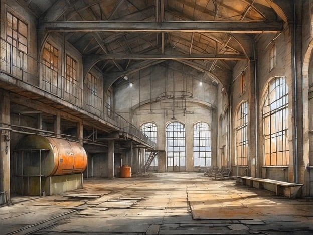 Das Bild zeigt eine große, verlassene Industriehalle mit hohen Fenstern, die viel Licht hereinlassen. Solche Orte sind oft in ehemaligen Fabriken oder Werkstätten zu finden. In Aachen könnte dies an Lost Places wie der ehemaligen Zeche Morsbach oder der alten Bahnhofshalle des Aachener Hauptbahnhofs erinnern. Diese Orte sind geprägt von nostalgischem Charme und industrieller Ästhetik, die an die vergangene Nutzung denken lässt.