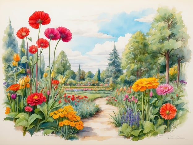 Auf dem Bild ist eine malerische Gartenlandschaft zu sehen, die reich an bunten Blumen ist. Es scheint, als könnten hier Veranstaltungen wie ein Gartenfest oder ein Blumenmarkt stattfinden. Ein gemütlicher Spaziergang auf dem Pfad, der durch die Blumenbeete führt, lädt zu entspannenden Aktivitäten im Freien ein. Die Szenerie könnte auch als Kulisse für ein Picknick oder einen Familienausflug dienen. Eventuell finden auch Workshops zum Thema Gartenpflege oder Blumenarrangements in dieser blühenden Umgebung statt.